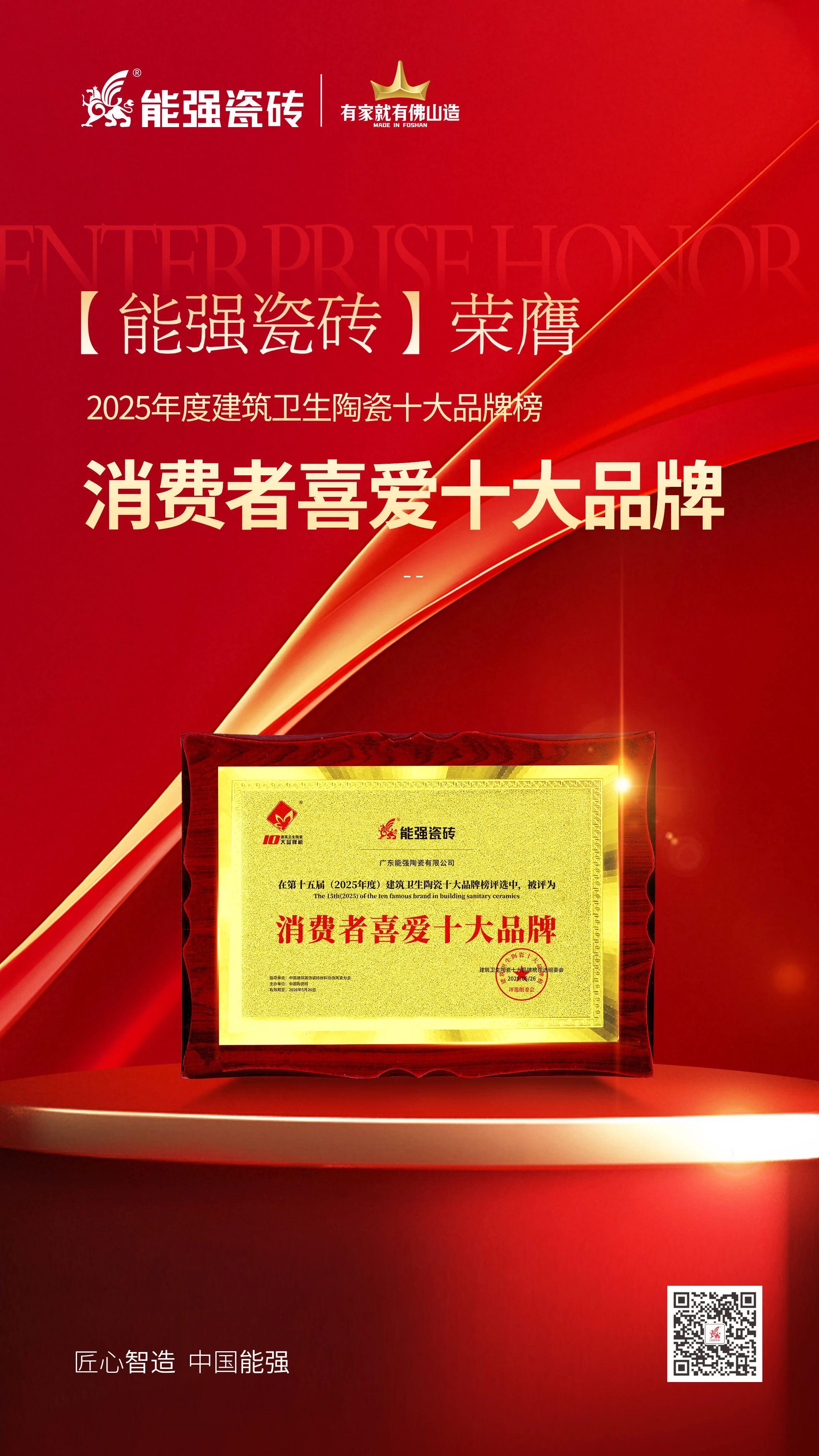 以匠心品質鑄就行業標桿，能強瓷磚榮獲“消費者喜愛十大品牌”！